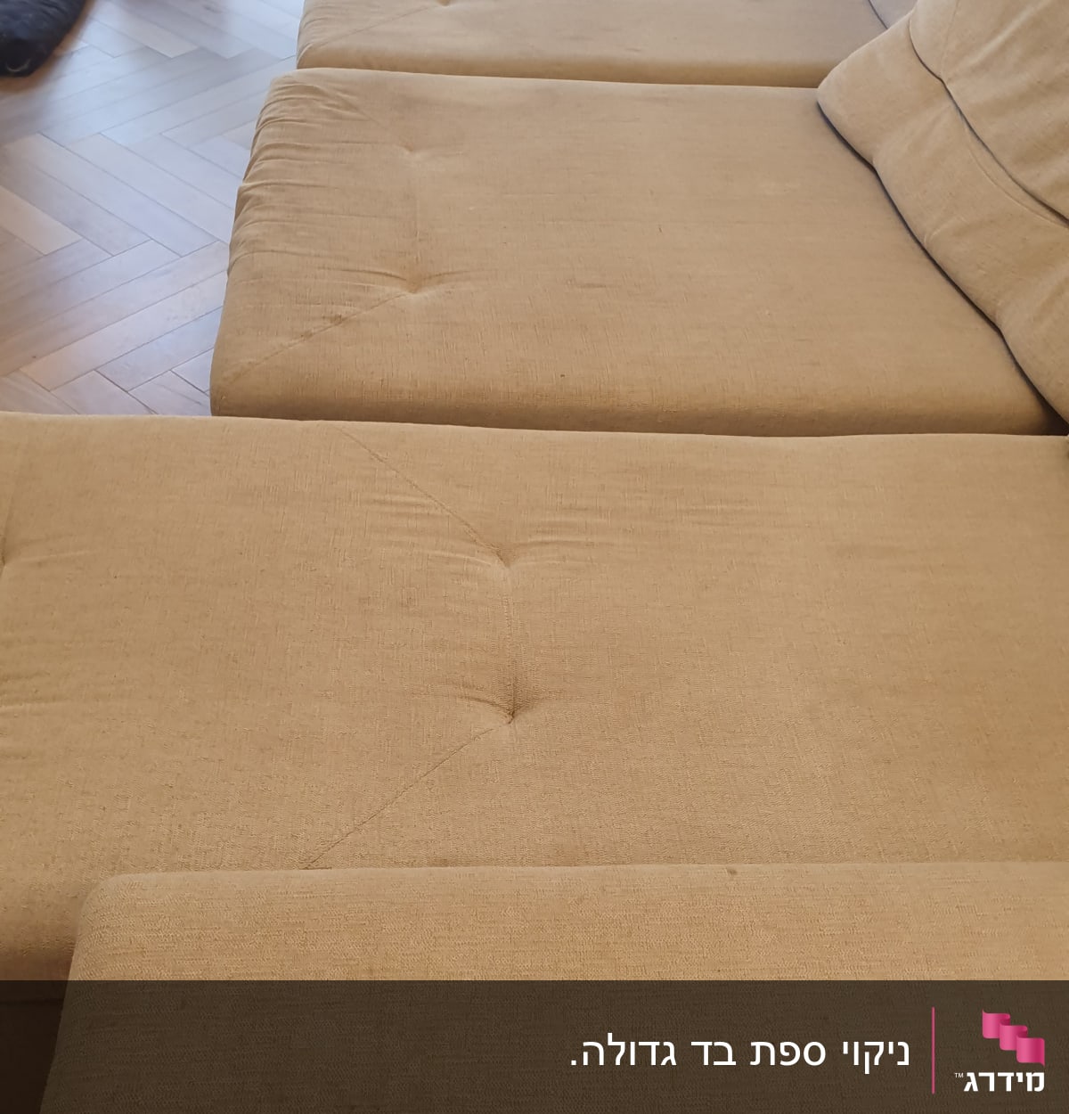 ספה בהירה עם כתמים קלים על המושב